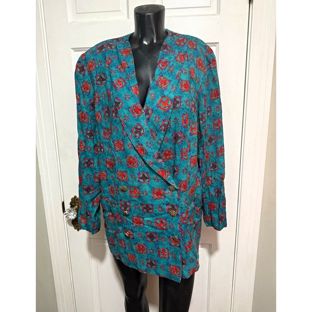 Vintage Womens Petite Teal Floral Button Front Long Blazer Jacket 18WP